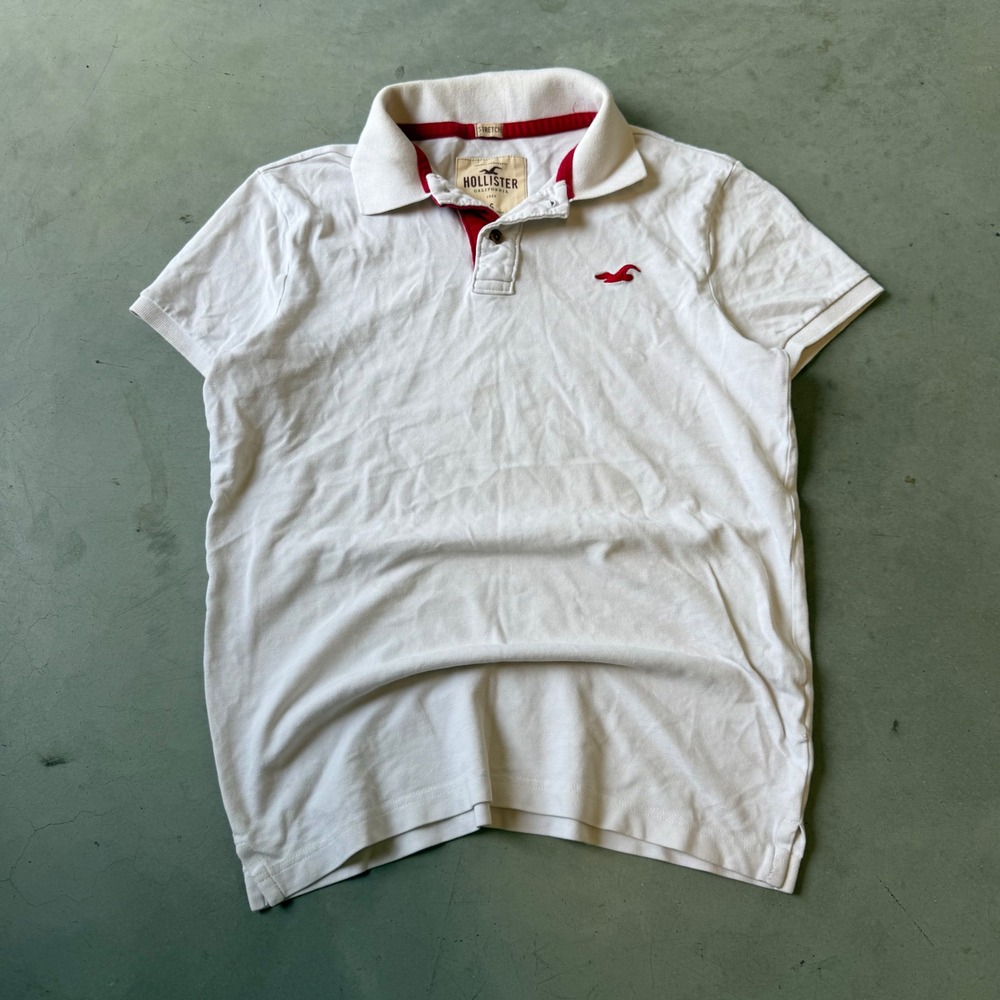 Hollister Womens White Short Sleeve Stretch Pique Polo Shirt Small Red Logo
